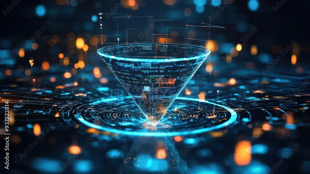 Poster glowing blue funnel with digital data and lines