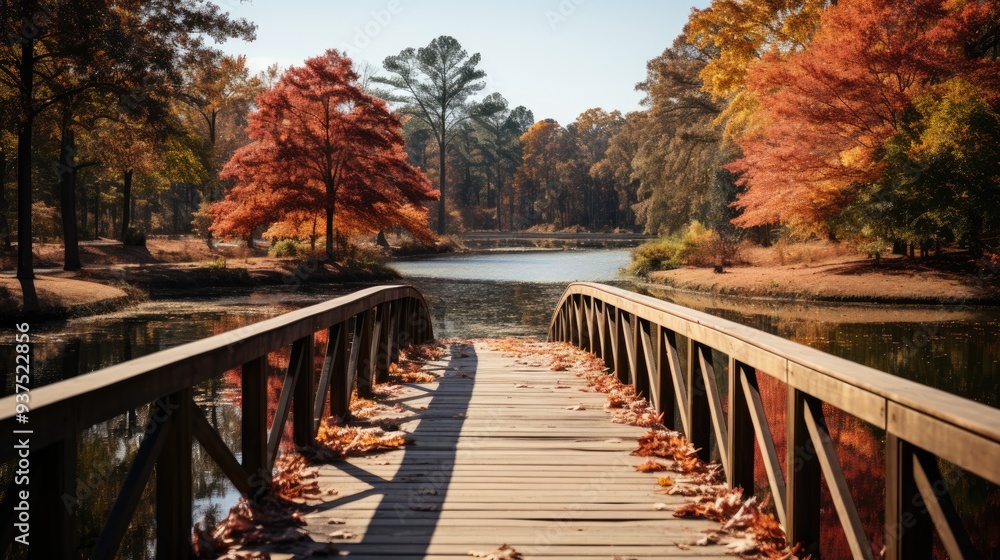 Wall mural bridge made of wood covered in fall