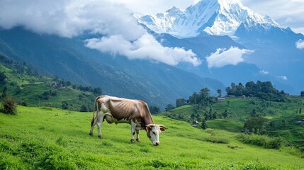 Fototapeta premium Nepali cow grazing peacefully in a green valley with the Himalayas in the background, representing prosperity and reverence.