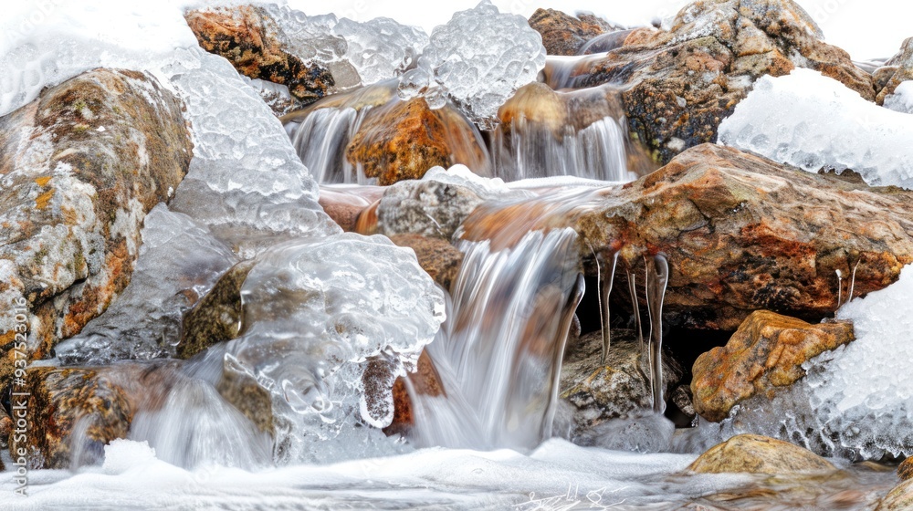 Poster a frozen stream cascading over a rocky waterfall, creating a mesmerizing display of ice sculptures.
