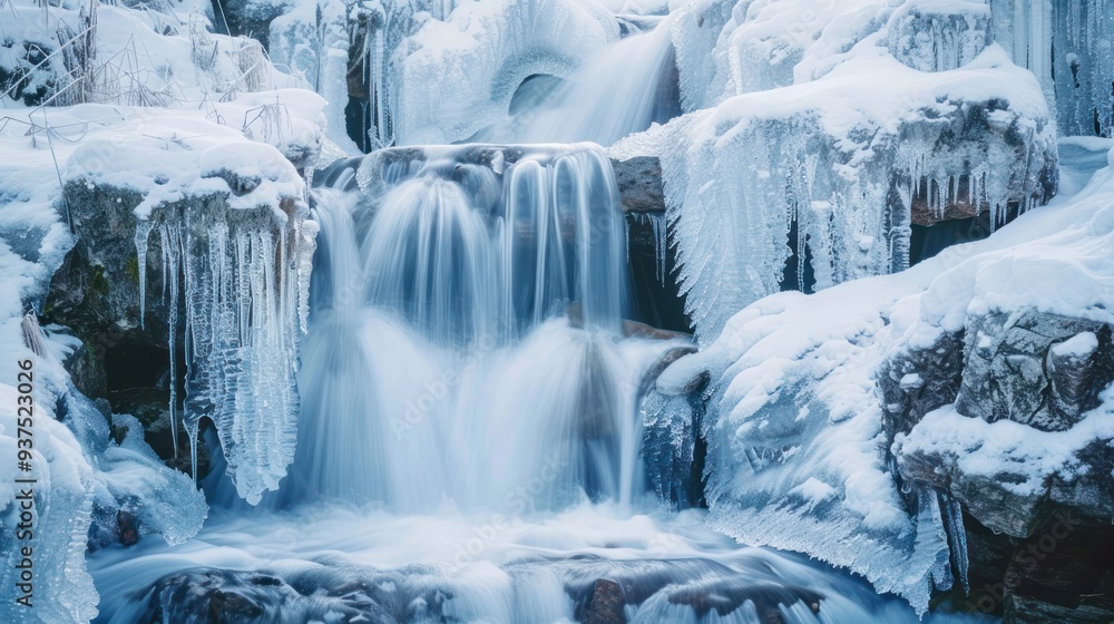 Poster a frozen stream cascading over a rocky waterfall, creating a mesmerizing display of ice sculptures.