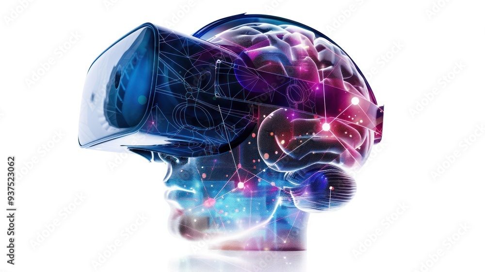 Poster a futuristic depiction of a brain connected to a virtual reality headset, exploring the potential of