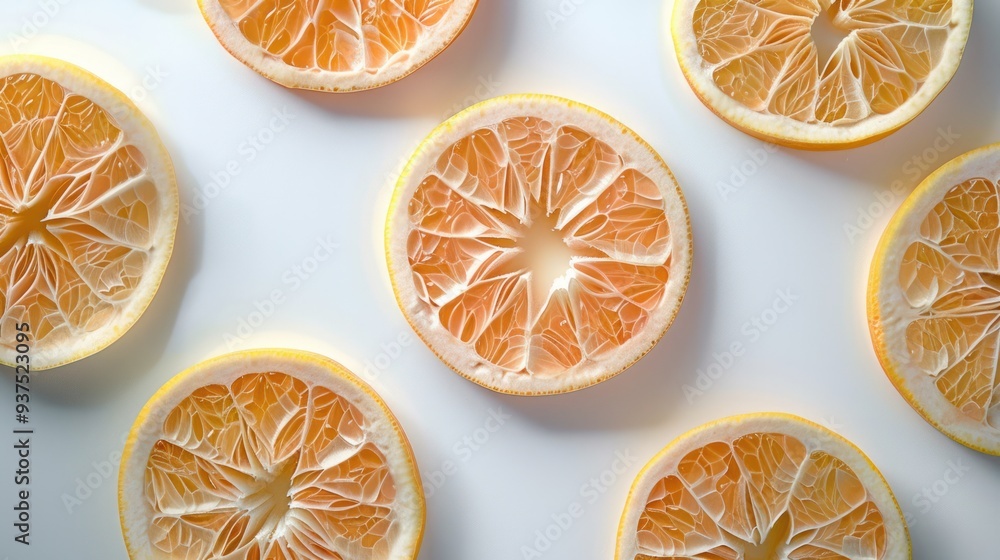 Poster a grapefruit sliced into thin rounds, their translucent flesh revealing the intricate patterns withi