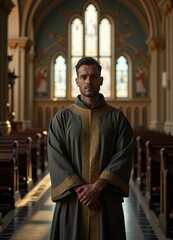 Naklejka premium A priest in traditional attire stands in a historic church, softly lit, with blurred architectural details. 