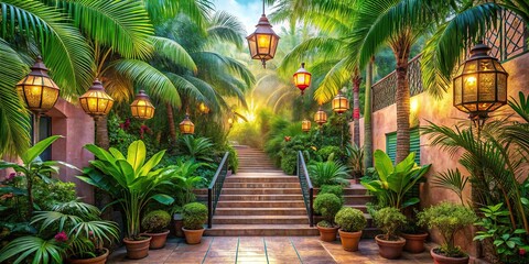 Vibrant Tropical Oasis Pastel Palette Palm Trees Whimsical Lanterns Lush Foliage Winding Staircase Bright Natural Light Airy Textures Wide Angle Shot
