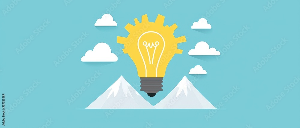 Poster light bulb gear idea mountains clouds sky blue background