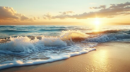 Obraz premium Peaceful beach at sunrise with soft waves lapping against the shore, golden light illuminating the horizon.
