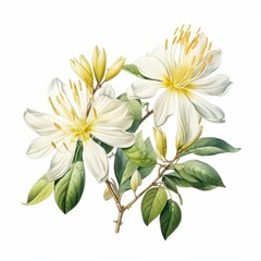 Obraz premium A detailed illustration of white and yellow flowers with green leaves, perfect for botany studies, nature-themed blogs, greeting cards, and decorative prints,