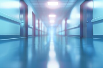 abstract blurred inside interior hospital corridor blue color background with light concept.