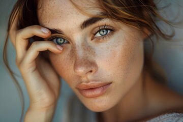 Close-up Portrait of Blonde Woman with Freckles and Intense Gaze