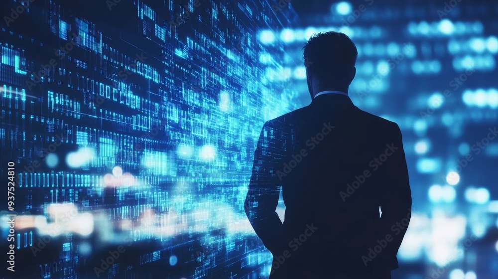 Poster a businessman stands before a wall of binary code, gazing into the digital future.