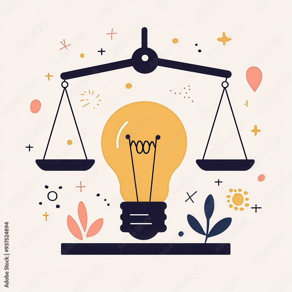 Poster lightbulb on scale with abstract shapes idea balance concept design