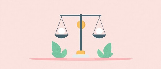 Balanced Scales with Green Leaves on Pink Background