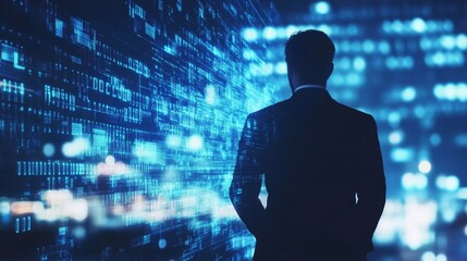 A businessman stands before a wall of binary code, gazing into the digital future.