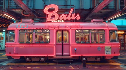 Obraz premium A vintage pink tram adorned with neon lights stands in a bustling urban area, showcasing vibrant colors and retro charm during the evening hours in a lively city