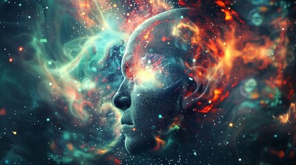 a man's head with a space background