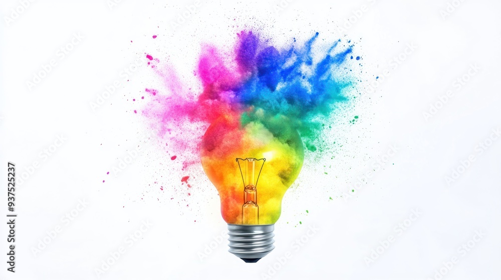 Poster a light bulb exploding with rainbow-colored powder