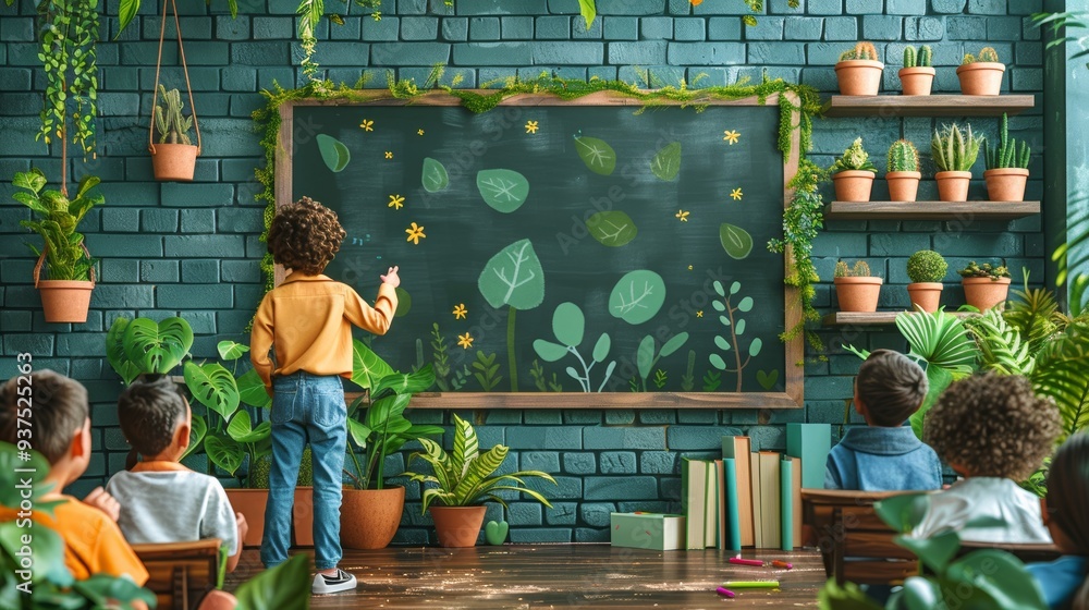 Poster a child draws foliage and flowers on a chalkboard while classmates observe in a vibrant classroom fi