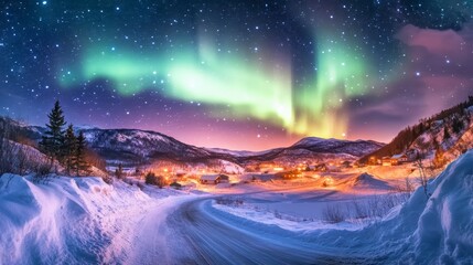 Fototapeta premium The beautiful northern lights over the icy road illuminate the snowy village. A magical polar night.