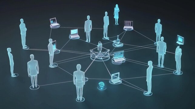 A network of interconnected people and devices, representing global communication and digital connection.