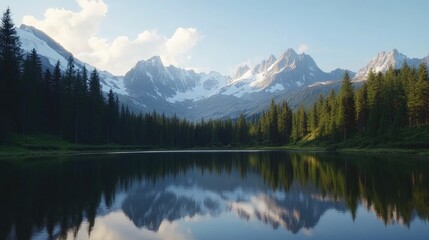 Serene mountain landscape with snow-capped peaks reflecting in a clear alpine lake, surrounded by evergreen forests.