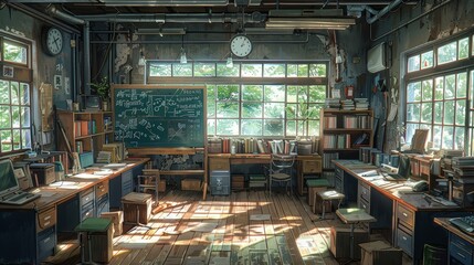 An abandoned classroom filled with sunlight illuminating dusty desks and old books, nestled among overgrown greenery during early morning hours