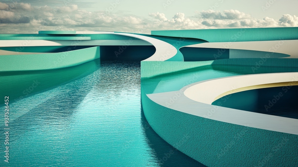Poster abstract architectural design with curved lines and blue water. minimalist design with geometric sha