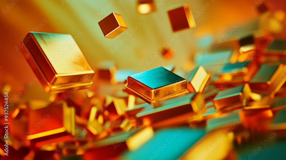 Poster abstract background with golden and blue cubes floating and scattered.