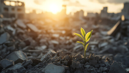 Small plant sprouts through rubble, symbolizing hope and resilience.