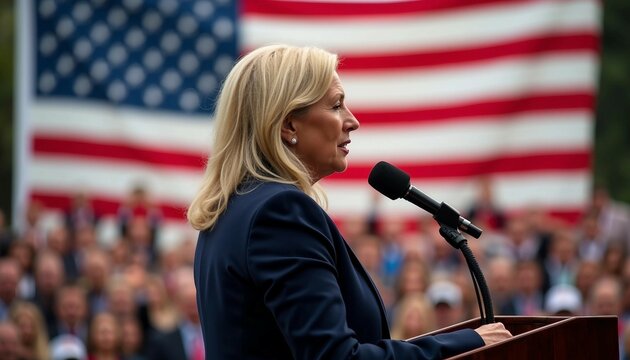 An American female senator speaks at a podium, her determined expression sharp against a blurred crowd and flag.
