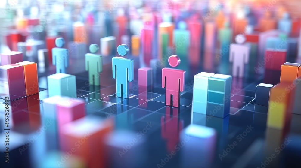 Poster abstract colorful people figures on a grid, representing data analysis and human connection.