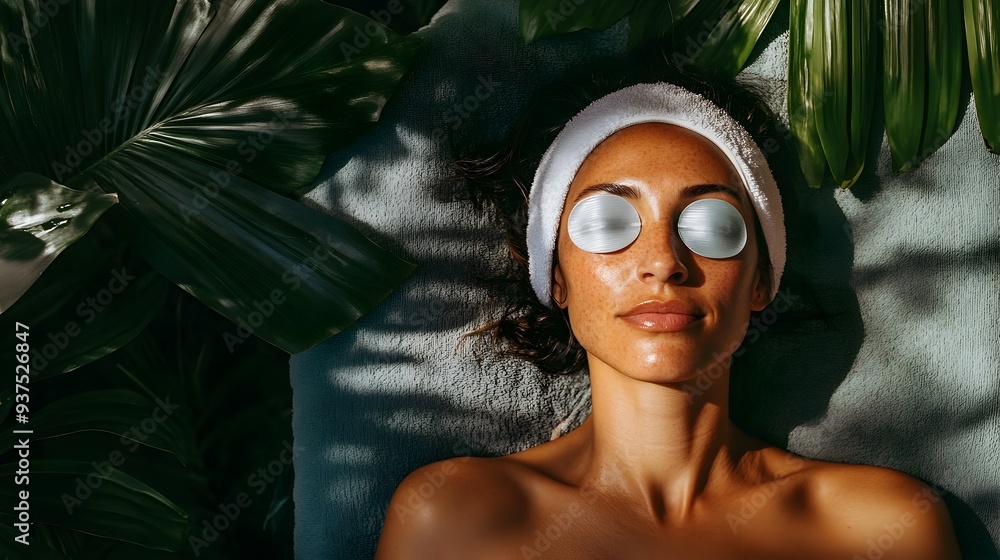 Poster tranquil scene of a person enjoying a relaxing spa day lying on a massage table with soothing coolin