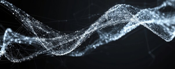 Abstract flowing white particles on a black background.