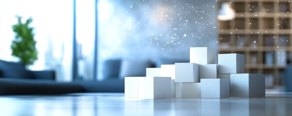 Abstract white blocks on a table with a blurred background.