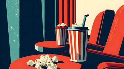 Depict a retro-themed movie night deal in minimalist style AI generated illustration