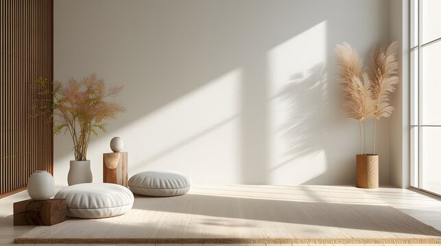 Depict a tranquil scene featuring natural light and gipsum props in a minimalist design AI generated illustration