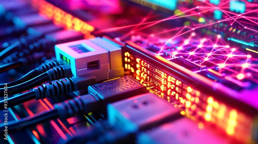 Poster close-up of a circuit board with colorful wires and glowing lights, representing technology and conn