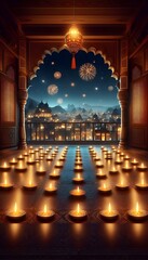Obraz premium Dhanteras Elegance: Lamps Lining a Balcony