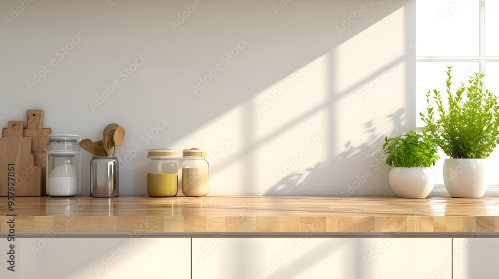 Aufkleber design a high-gloss polished wood countertop empty of items with a soft-focus backdrop of a minimali