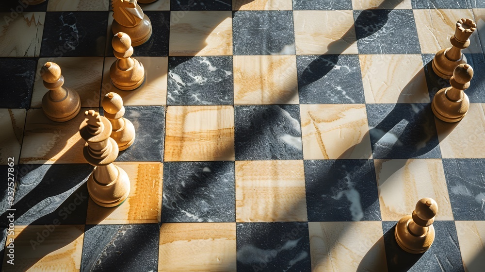 Poster design an image of a flat lay of a chessboard ready for a match with a cinematic shadow play ai gene