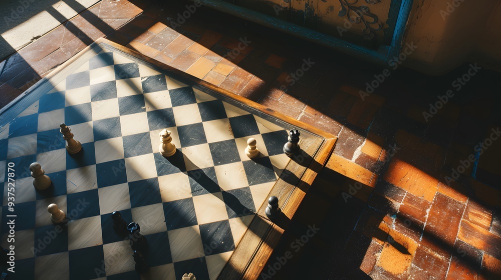Poster design an image of a flat lay of a chessboard ready for a match with a cinematic shadow play ai gene