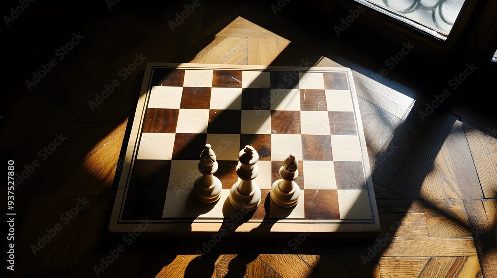 Poster design an image of a flat lay of a chessboard ready for a match with a cinematic shadow play ai gene