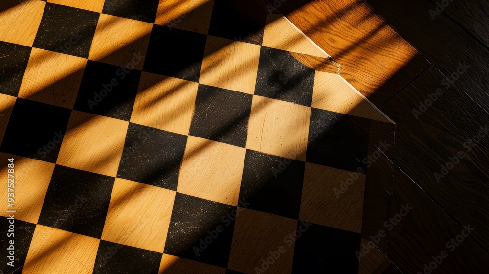 Aufkleber design an image of a flat lay of a chessboard ready for a match with a cinematic shadow play ai gene