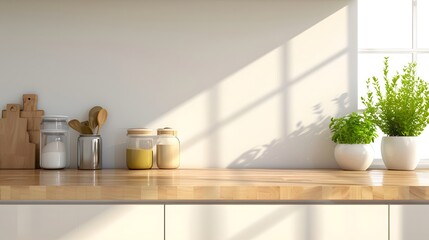 Design a high-gloss polished wood countertop empty of items with a soft-focus backdrop of a minimalist bright kitchen AI generated illustration