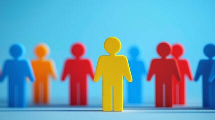Colorful plastic figures stand in a row on a blue background, representing a diverse group of people.
