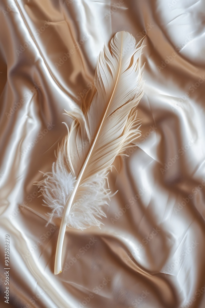 Poster detailed display of a singular feather lying on a soft satin surface ai generated illustration