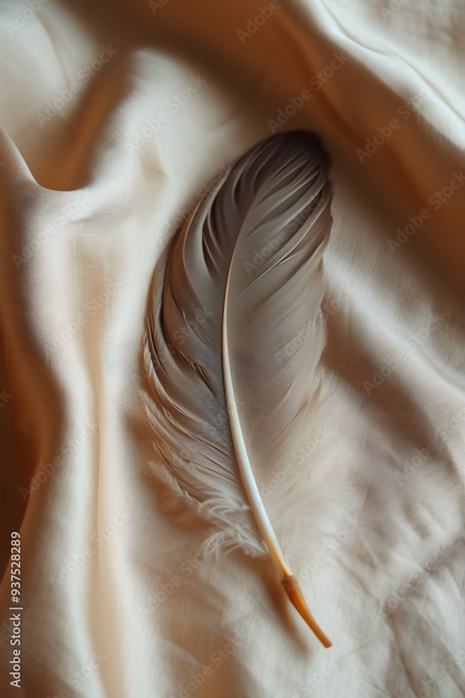 Poster detailed display of a singular feather lying on a soft satin surface ai generated illustration