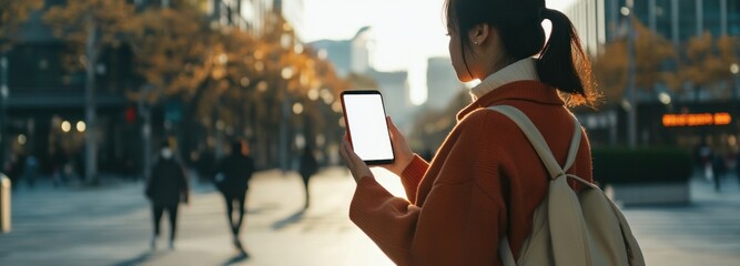 Young woman with ponytail using smartphone in city street
