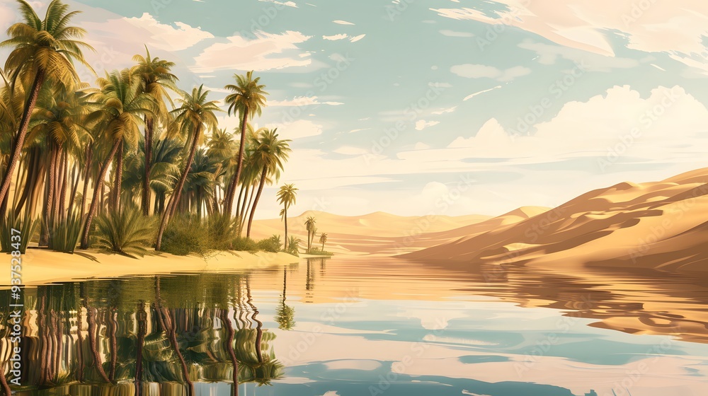 Poster detailed oasis in a desert setting realized in a 3d style design ai generated illustration