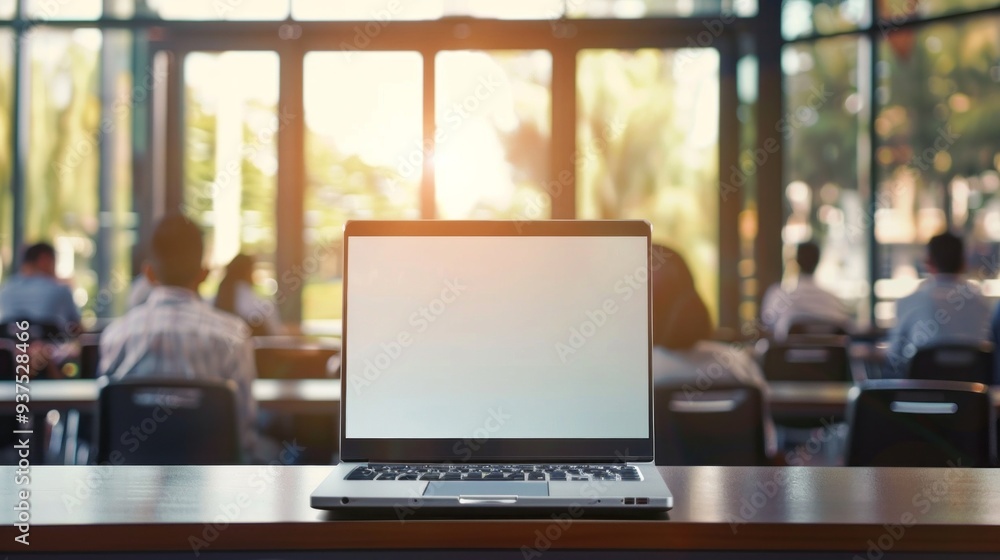 Poster a sleek laptop sits on a polished table, catching the warm glow of sunlight. in the background, peop